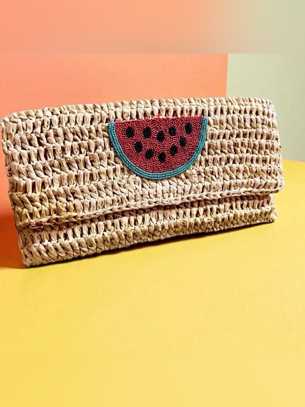 Roberta Roller Rabbit Beaded Watermelon Raffia Clutch.